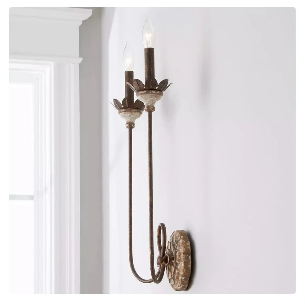 Rustic French Country 2-Light Wall Sconce Distressed Wood Aged Gold | Brand New